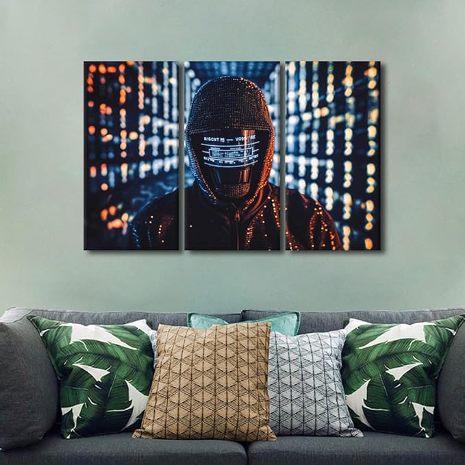 3 Panel Framed Wall Art Hacker in Mask on Dark Background with Digital Effects Pictures Print on Canvas for Living Room Bedroom Wall Decoration, Wooden Framed Ready to Hang, 42" Wx28 H