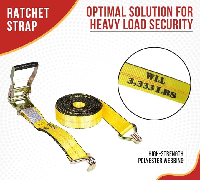 Mytee Products Ratchet Tie-Down Straps with Wire Hook, 2" x 30' Yellow Ratchet Strap | 10,000 Lbs Breaking Strength | Heavy Duty TieDown Ratchet Straps for Flatbed, Truck, Trailers Pickup