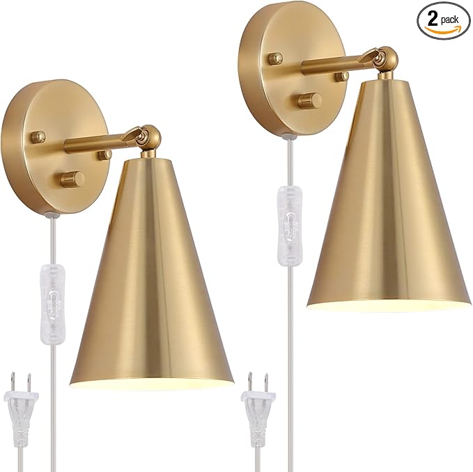 MWZ Gold Wall Sconces Set of Two Plug in,Brass Modern Dimmable Sconces Adjustable Angle Lights with Metal Shade and Dimmer On/Off Rotary Switch, Wall Mounted Light for Bedroom Bedside Stairway