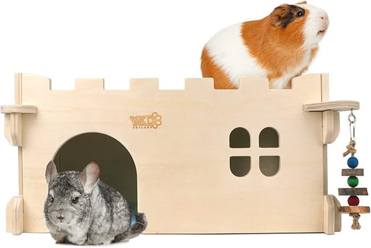 Castle Chinchilla House, Small Animal Hideout for Chinchilla, Guinea Pig, Hedgehog, or Rat, Ventilated Wooden Guinea Pig Hut Habitat with Multiple Doors (Large)