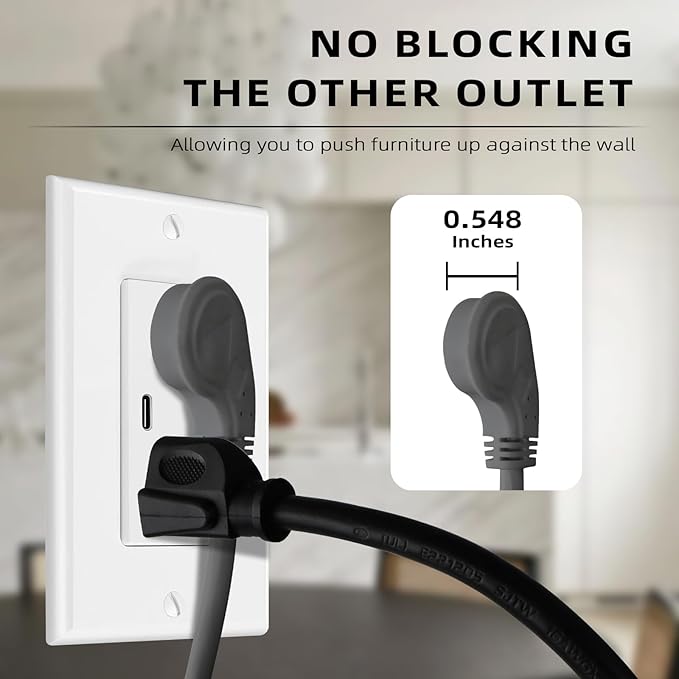 EP 15 Ft Flat Plug Extension Cord, 16 AWG 3 Prong Grounded Grey Low Profile Extension Cable for Indoor