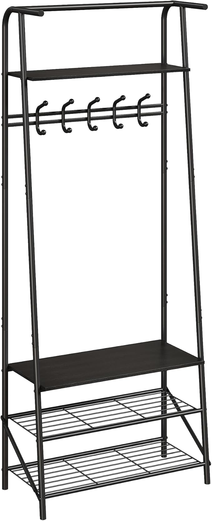 4-In-1 Hall Tree Entryway Organizer with 5 Hooks and Shoe Storage Bench, Sturdy Metal Frame, Metal Look Accent for Coat, Hat, and Bag Organization in Entryway, Living Room, or Bedroom