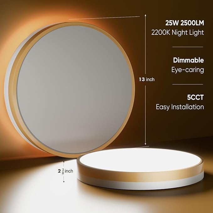 13 Inch Flush Mount Ceiling Light with Remote Control & Night Light, 5CCT Dimmable Ceiling Light Fixture, 25W 2500LM 2700K-6500K Adjustable LED Ceiling Lights for Bedroom Kitchen, White Gold