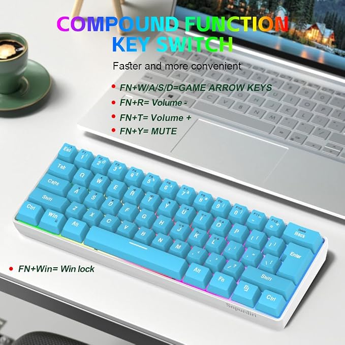 Snpurdiri 60% Wired Gaming Keyboard, 61 Keys RGB (Blue) | Small Ultra-Compact Backlit 60 Percent Gaming Keyboard for PC/Mac Gamer, Typist, Travel, Easy to Carry on Business Trip