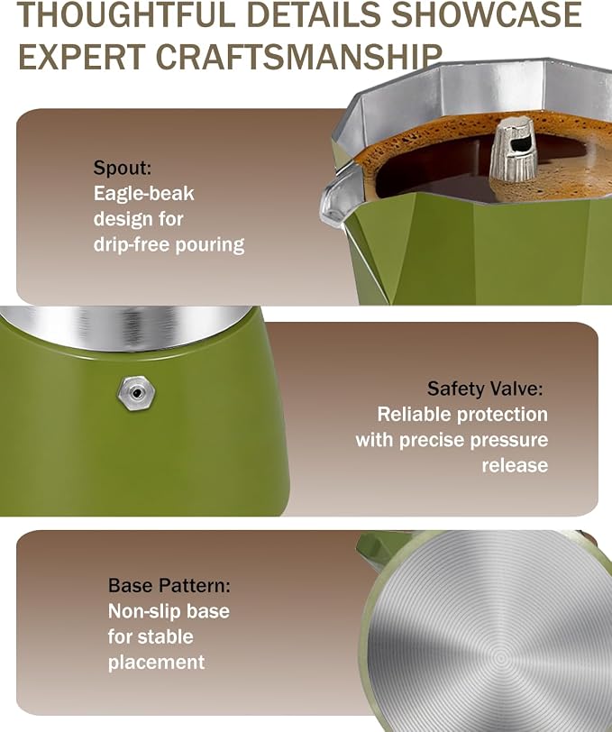 Coffee Maker Stovetop Espresso Maker 6 Cup Aluminum Moka Pot Percolator 10oz 300ml Easy Brewing for Electric Ceramic Stoves Home Camping Italian Cuban Café Classic Green