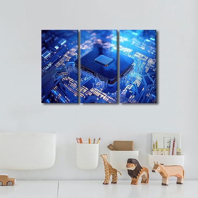 TUMOVO Circuit Board Pictures for Living Room Wall Decoration Semiconductor Chip Wall Art Chip Artwork on Canvas Modern Home Decor 3 Pieces Posters and Prints Framed Ready to Hang, 36" Wx24 H