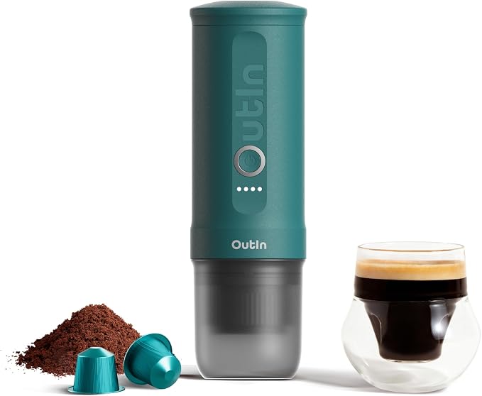 OutIn Nano Portable Electric Espresso Machine, Travel Coffee Maker | Self-Heating USB-C Car Coffee Maker for Ground Coffee & NS Capsules, Ideal for Camping, RV, Hiking and Office, Teal