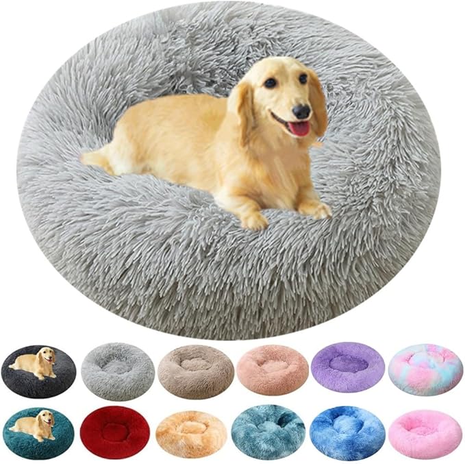 Calming Large Dog Bed & Cat Bed, 43 Inch Anti-Anxiety Donut Dog Cuddler Cat Bed, Warming Cozy Soft Dog Round Bed, Fluffy Faux Fur Machine Washable Pet Cushion for Medium Dogs & Cats (Light Grey)