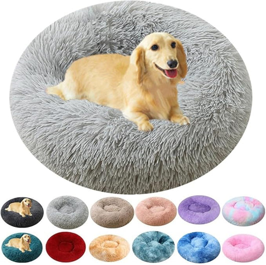 Calming Donut Dog & Cat Bed, 36 Inch Round Fluffy Dog Beds for Small Medium Large Dogs and Cats Anti-Anxiety, Puppy Bed, Washable Round Cozy Soft Pet Bed (Light Grey)