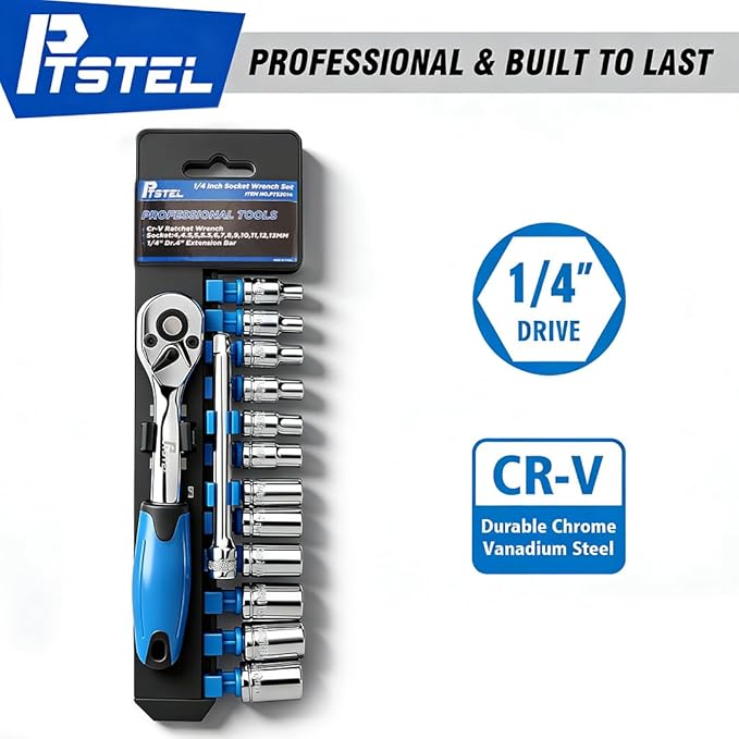 14 Pieces Socket Wrench Kit, 1/4” Drive Socket Set with 72 Teeth Release Ratchet Wrench and Extension Bar, CR-V Sockets