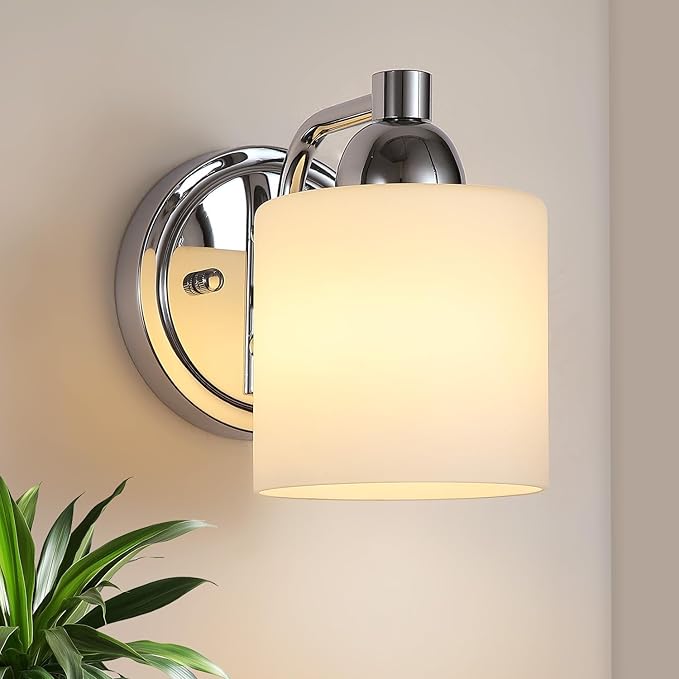 Polished Chrome Milk Glass Wall Sconces, 1 Pack Hardwired Indoor Wall Light Fixtures for Living Room, Hallway, Bedroom, Ceramic E26 Sockets (Bulbs Not Included)
