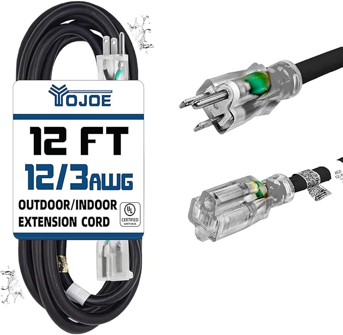 YOJOE Indoor Outdoor Extension Cord with Lighted End, 3 Prong 15A Weatherproof Power Cord, 12 Gauge Heavy Duty 12 ft Black Extension Cord for Garage, Garden and Home, 12/3 SJTW UL Listed