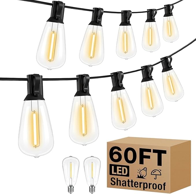 litogo Led Outdoor String Lights, 60Ft Patio Lights Waterproof with Edison Bulbs Shatterproof, Warm White Hanging Outside Lights for Backyard Deck Party Garden Bistro Tent(18+2bulb)