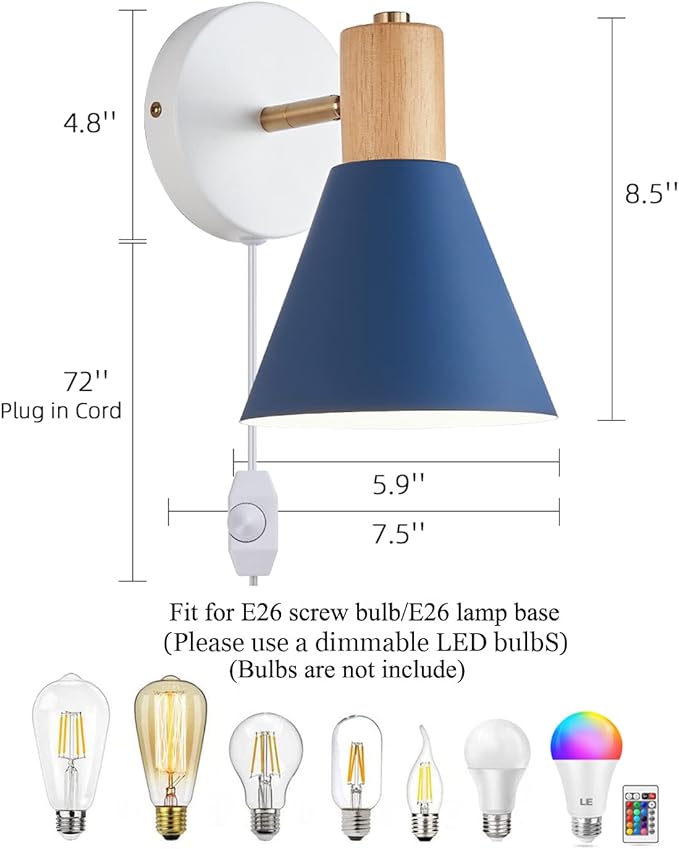 ClanKin Wall Sconces Lighting Set of 2 for Bedroom, Black Dimmable Wood Style Wall Sconce Reading Lamp, Adjustable Wall Light for Bedroom Hallway Living Room (Blue-Plug in, 2)
