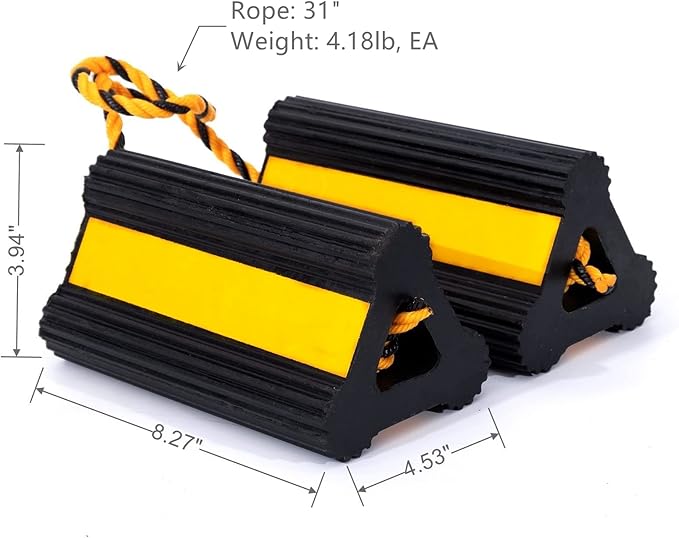 Wheel Chock Heavy Duty Rubber Trailer Wheel Chocks with Yellow Reflective Visibility Tape and Yellow Nylon Rope for Concrete Slopes or Ground Leveling (4 Pack)