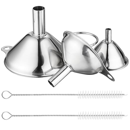 Stainless Steel Funnels 3pc Small Medium Large Metal Funnels Set with 2 Cleaning Brushes for Liquids, Essential Oils, and Spices