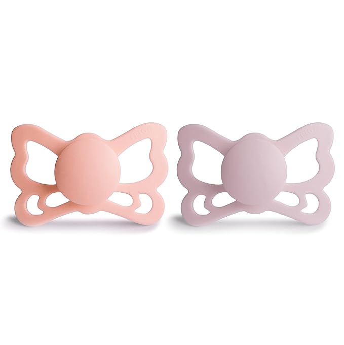 FRIGG Butterfly Anatomical SilkySoft Silicone Baby Pacifier | Made in Denmark | BPA-Free (Pretty in Peach/Primrose, 6-18 Months)