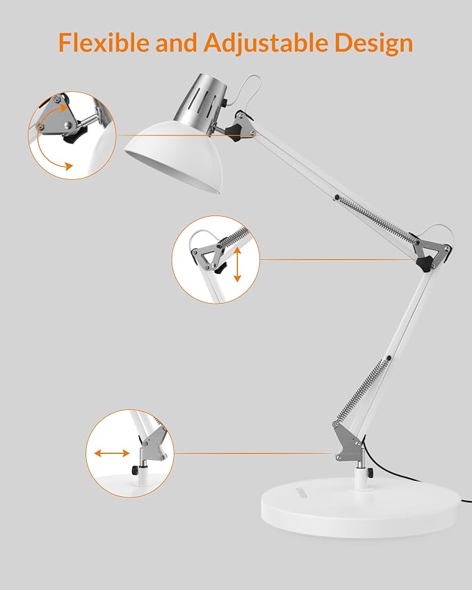 LEPOWER Metal Adjustable Desk Lamp with Clamp, Swing Arm for Home Office | Gooseneck, Architect Style, Eye-Caring Table Lamp, On/Off Switch, E26 Base, Reading for Dorm, Bedroom, Study, Back to School