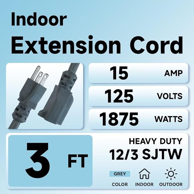 Indoor Extension Cord, 12 Gauge 3 Prong Weatherproof Heavy Duty Gray Extension Cords, 12/3 SJTW 15A 3 FT Extension Cable for Garage, Garden and Home