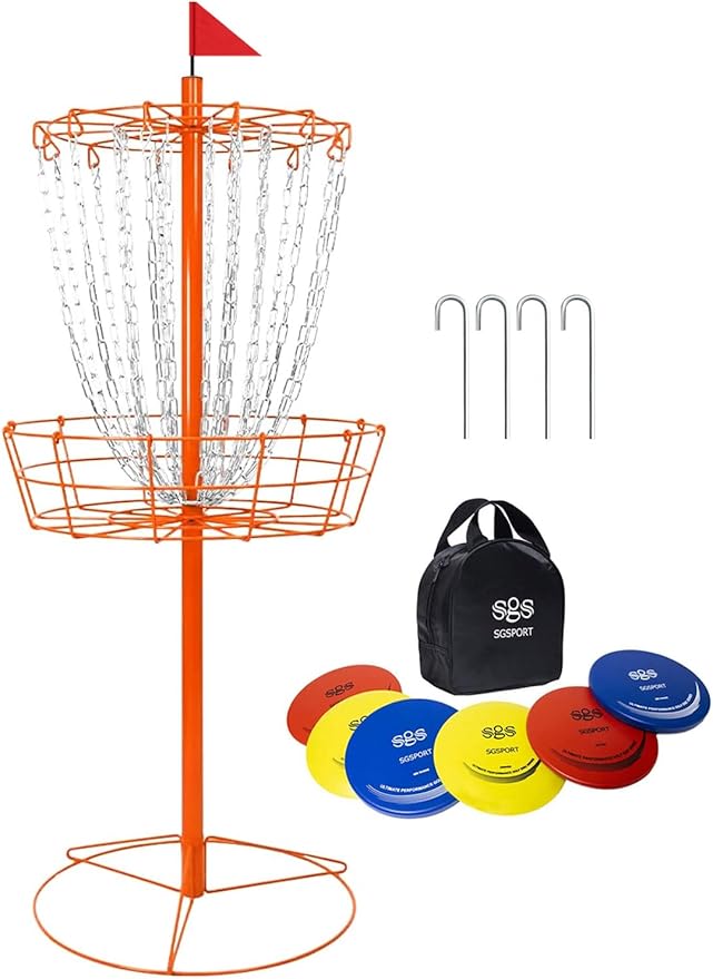 Disc Golf Basket - Portable Disc Golf Target with Heavy Duty 24-Chains Come with 6pcs Disc Golf Discs and Carry Bag, Ground Stake -Suitable for Players of All Levels - Multi Color Available