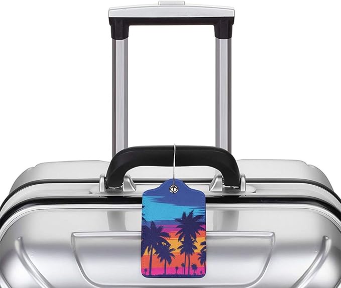 Coconut Trees at Sunset Luggage Tag for Suitcases Baggage, Fancy Airport Cruise Leahter Luggage Tag with Full Back Privacy Cover for Travel Sports Teens Kids