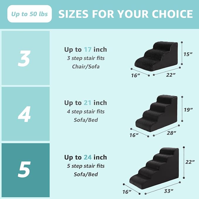 Dog Stairs for Small Dogs 19" H, 4-Step Dog Steps Ramp for High Beds and Couch with Anti-Slip Washable Cover and Durable High Density Foam, Pet Stairs for Cats, Black