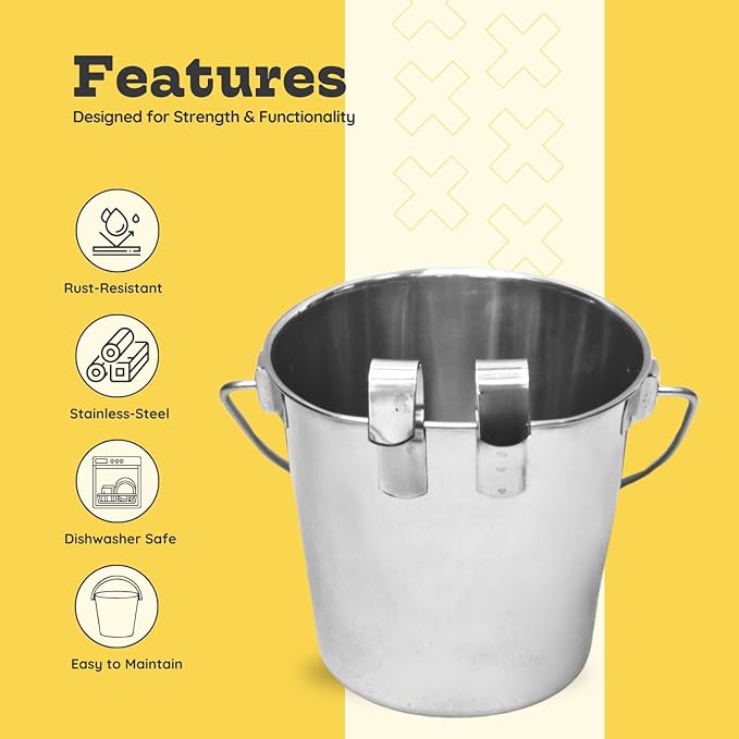 4 Quart Stainless Steel Flat Sided Bucket with Dual Hooks | 1 gal Durable Food & Water Bowl for XL Dogs, Cats, Goat & Livestock | Fits kennel Cage Critter Crate | Hanging Utility Pet Pail
