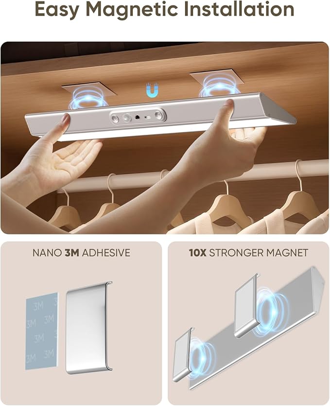 Motion Sensor Closet Lights, Eye Protection Design Cabinet Lighting Wireless with Remote, 3 Color Temps & Dimmable, Magnetic, Rechargeable LED Closet Lighting for Kitchen, Wardrobe, Pantry, 2 Pack