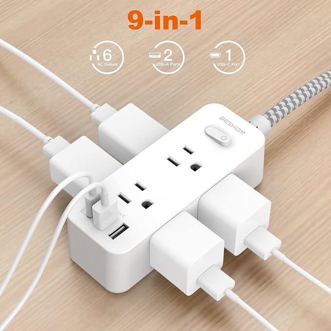 Extension Cord 25FT, BESHON Power Strip Surge Protector, 6 Outlets with 3 USB Ports(1 USB C Outlet), 3-Side Outlet Extender, Wall Mount, Compact for Travel, Home, College Dorm Room, and Office