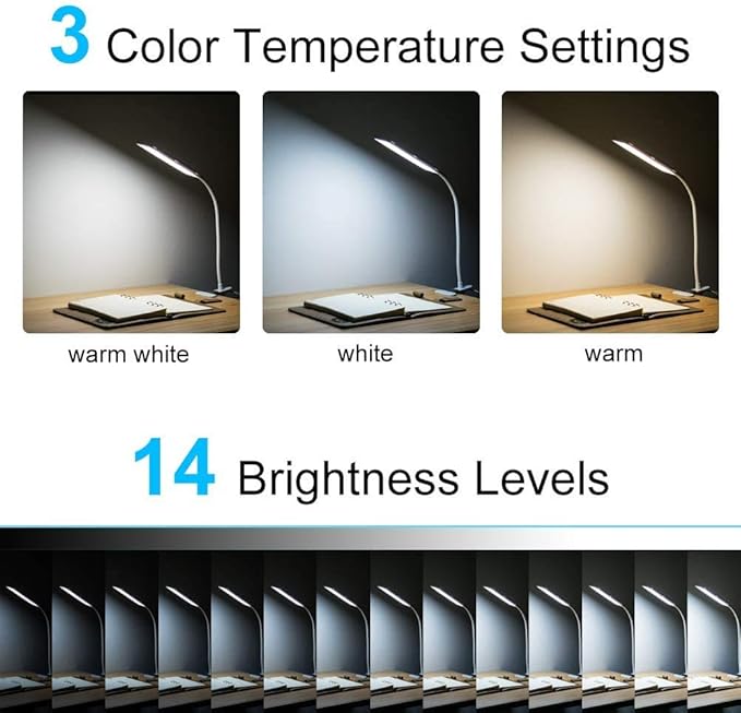 RAOYI LED Desk Lamp, 5W USB Clip on Light Eye-Caring Reading Clamp Table Lamp with 48 LEDs Flexible Neck, 3 Color Modes and 14 Brightness Levels for Office Bedroom Study (Black)