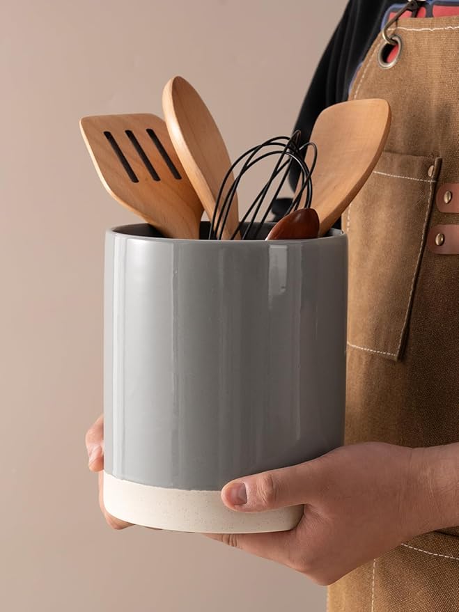famiware Milkyway Kitchen Utensil Holder for Countertop, 7.2"+5.8" Ceramic Cooking Utensil Crocks for Counter, Utensil Organizer for Spatula & Spoon, Kitchen Decor, Set of 2, Dark Gray