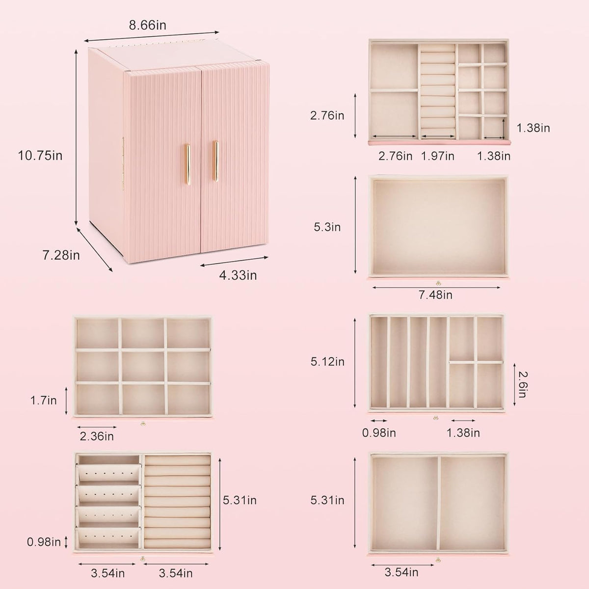 Dajasan Large Jewelry Organizer Box, 6-Tier Jewelry Storage Case with 5 Drawers, Jewelry Boxes for Women Girls with Mirror, Double Door, Textured PU Leather, Gift Idea, Stylish (Pink + Gold)