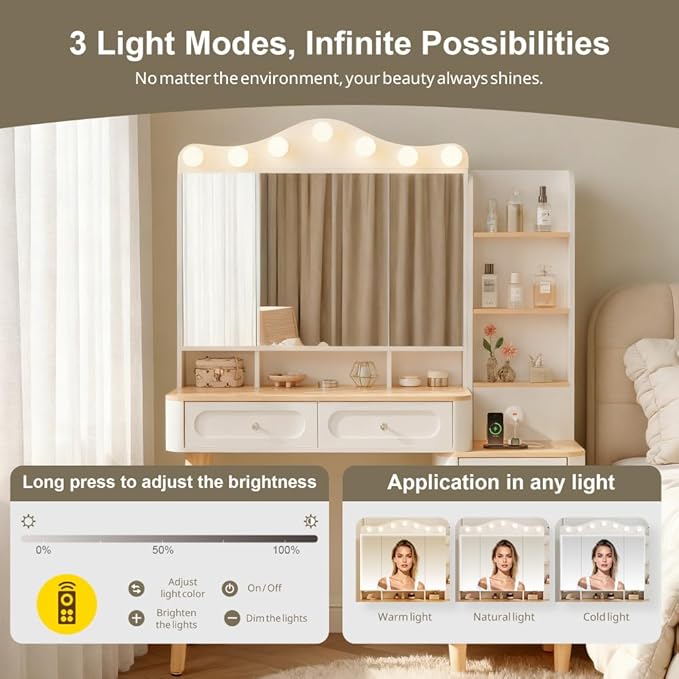 Vanity Desk with Mirror and Lights,Makeup Vanity with 2 USB Power Strip,Vanity Set with Two Drawers and Three-Drawer Chest, 3 Lighting Modes Adjustable Brightness, Foldable Three-Sided Mirror
