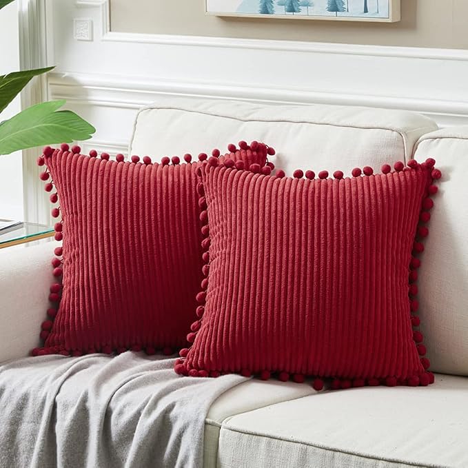 Fancy Homi Set of 2 Burgundy Decorative Throw Pillow Covers 12x12 Inch with Pom-poms for Couch Bed Sofa, Modern Farmhouse Boho Home Decor, Soft Plush Corduroy Cute Cushion Case 30x30 cm