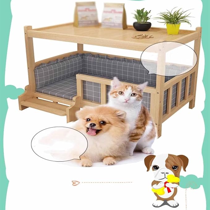 XPLKQXE Dog Bed Wood Platform, Elevated Pet Cushion Bed, Animal Couch with Mattress, Dog Beds & Furniture Rest Cot, Portable Fence Bed Pet Up to 45kg/100lbs(Color:Woody,Size:120x60x70cm)