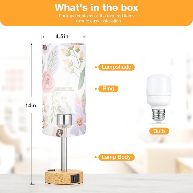 Fenmzee Floral Touch Lamp for Bedroom- 3 Way Dimmable Bedside Lamp USB C A Charging Ports and AC Outlet, Small Table Lamp Floral Linen Lampshade for Gift, LED Bulb Included