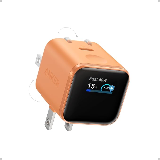 Anker Nano Smart Display Charger, 45W Max Fast Charger USB C for iPhone 17 | 180° Foldable Plug,Smart Recognition, Care Mode GaN USB C Charger Block for iPhone 17/16 (Non-Battery,1 USB-C Port,No Cable)