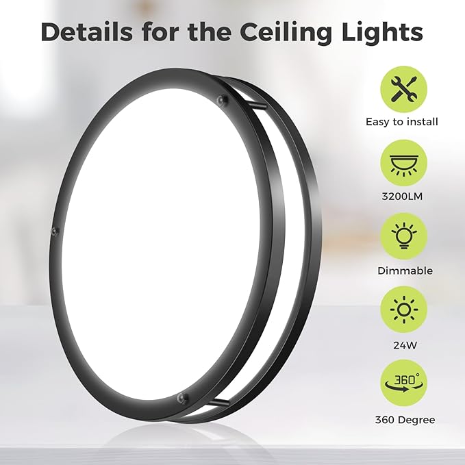 hepside Dimmable Flush Mount LED Ceiling Light, 13inch 24W Ceiling Light Fixtures, 5CCT (3000K 3500K 4000K 5000K 6500K) Adjustable Ceiling Lamps for Kitchen Bathroom Bedroom Hallway