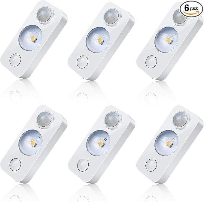 LED Motion Sensor Puck Lights, Rechargeable Cabinet Lights, Stick on Wireless LED Night Light for Closet, Drawer, Shelf, Under Cabinet, Daylight White 6Pack, USB Charging Cord Included