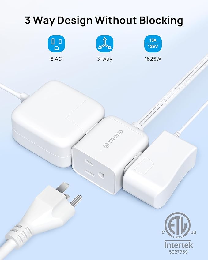 TROND Flat Plug Extension Cord 5 ft- Rightward Lower Profile Power Strip, No Blocking 3 Way Outlets, Three Prong, 1625W, Small for Tight Space Behind Furniture Indoor Home Office Cruise Travel, White