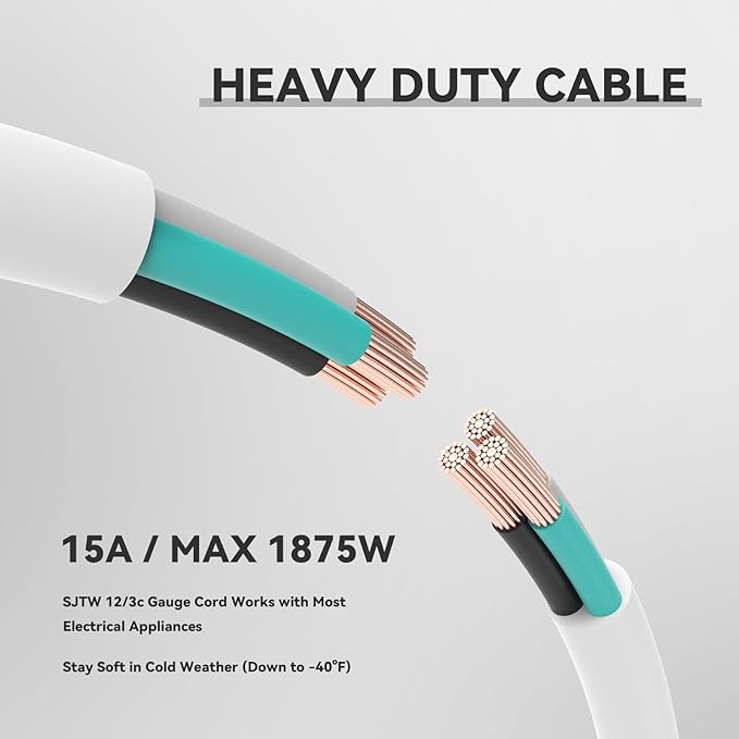6 ft Heavy Duty Extension Cord - 12/3 SJTW 15 AMP Indoor Power Cord with 3 Prong Grounded Plug for Lawn Mower, Appliances, Workshop, Christmas Lights Water Resistant Flexible Cable White.
