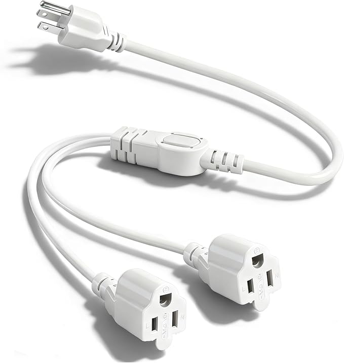 3 Prong Outlet Splitter Extension Cord,1-to-2 Indoor Outdoor Extension Cord,20 inch Y-Type Power Splitter,SJT 16AWG,UL Approved for Home Office Appliance,LED Stage Lights and Electronics(White)