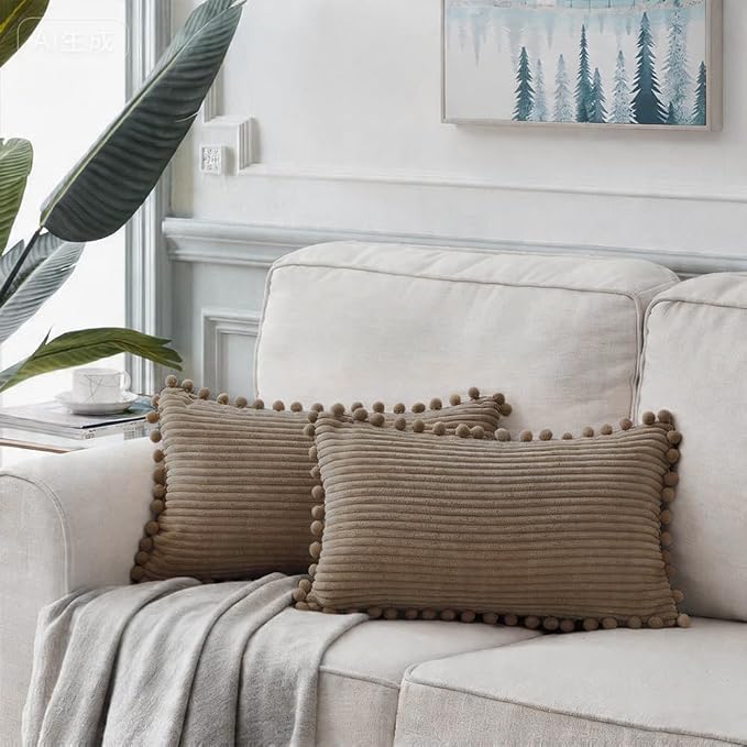 Fancy Homi Set of 2 Light Brown Decorative Throw Pillow Covers 24x24 Inch with Pom-poms, Boho Soft Corduroy Solid Square Cushion Covers for Couch Sofa Bedroom Car Living Room 60x60 cm