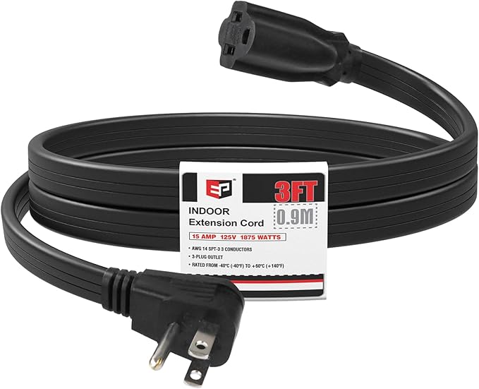 EP 3 Ft Heavy Duty Appliance Extension Cord - 14 Gauge 3 Prong Grounded Cable Wire, Ideal for Air Conditioners, Refrigerators, Microwaves, Washing Machines & More - Indoor Use, Black
