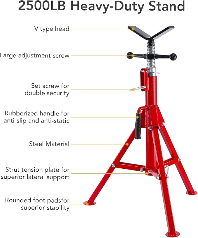 PioneerWorks V Head Pipe Jack Stand, 28-52in Adjustable Height, 2500Lbs Load, 1/8"-12" Pipe Capacity, Heavy Duty Pipe Stand Carbon Steel, Steel Jack Stands Portable Folding for Welding, Threading