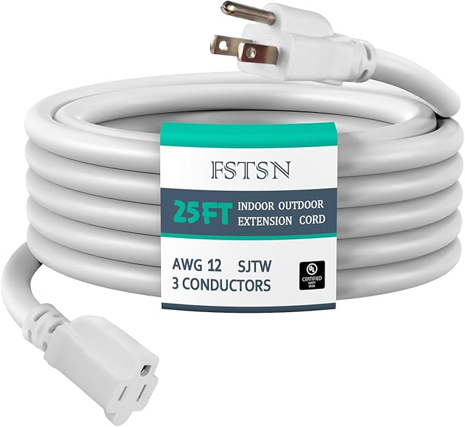 25 ft Heavy Duty Extension Cord - 12/3 SJTW 15 AMP Indoor Power Cord with 3 Prong Grounded Plug for Lawn Mower, Appliances, Workshop, Christmas Lights Water Resistant Flexible Cable White.