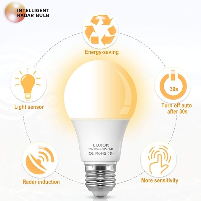LUXON 5W A19 Radar Detector Dusk to Dawn 50W Equivalent Smart Led Lamp Lighting Indoor Outdoor Motion Sensor Bulb Auto On/Off E26 Base Soft White 2700K