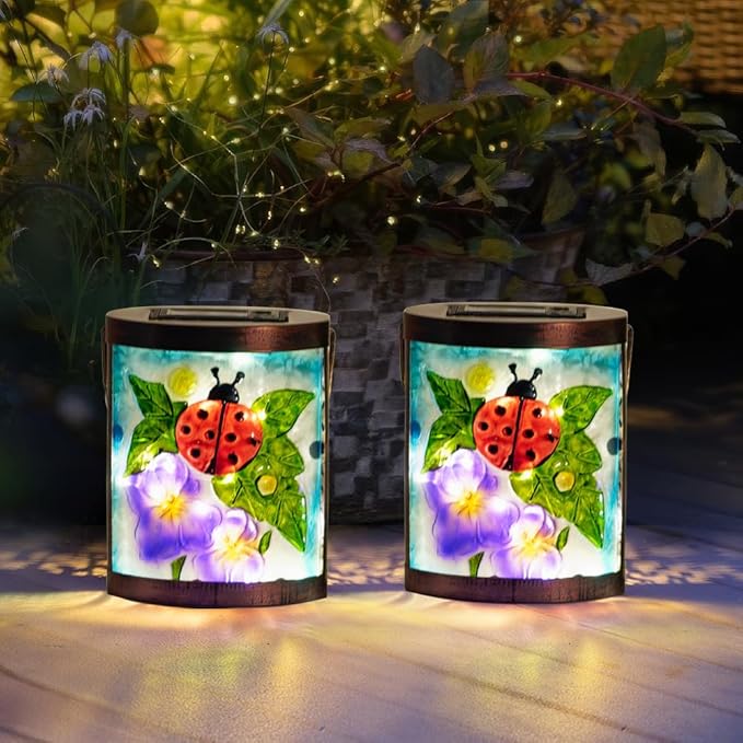 Starsoul 2 Pack Hanging Solar Lantern Outdoor Waterproof Glass Ladybug and Flowers Decorative Solar Lights for Outside Garden Yard Table Patio Decor