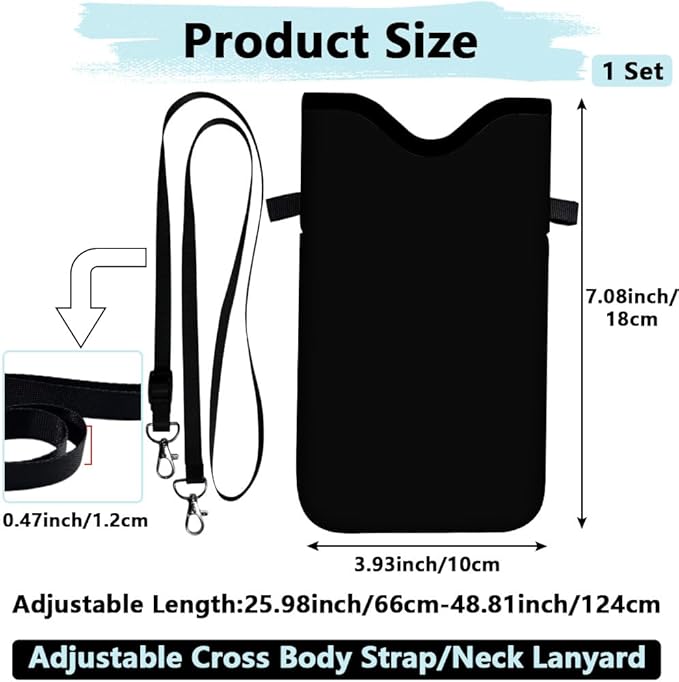 Neoprene Cell Phone Sleeve Pouch with Adjustable Strap Neck Lanyard Fits Most Smartphones 7.1 x 3.9 Inch Black Phone Sleeve Waterproof Carrying Cellphone Crossbody Case Bag for Women Men