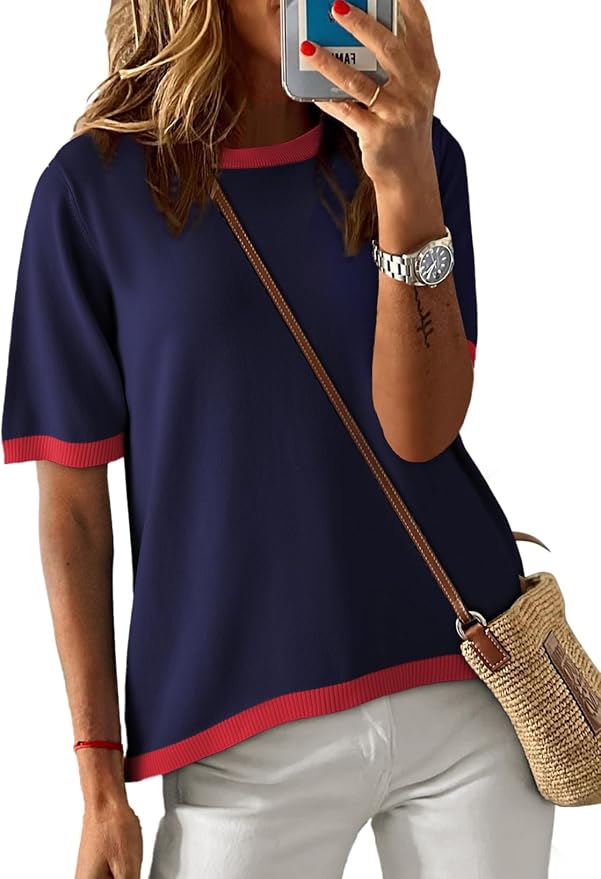 Dokotoo Womens Tops 2026 Casual Summer Crewneck Short Sleeve Striped Color Block Knit High Low Trendy Pullover Sweaters